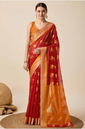 Cotton Red Saree in Weaving SR27563