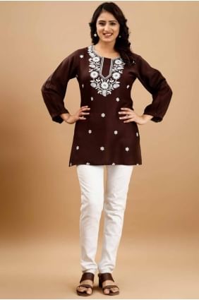 Brown Viscose Embroidered Kurti  KTI2553
