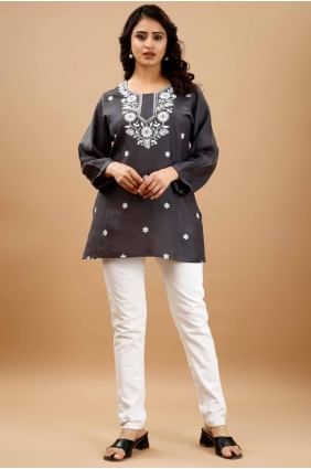 Viscose Kurti with Embroidered in Grey KTI2554
