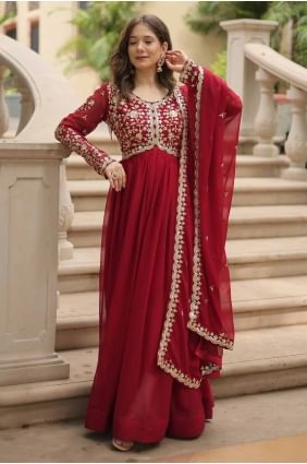 Maroon Gown Dress in Sequins Faux georgette GW0984