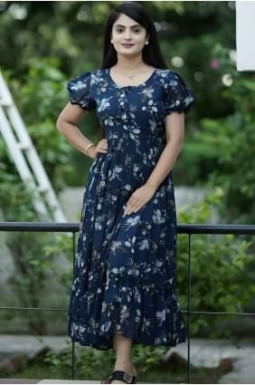 Printed Georgette Blue Gown Dress with Dupatta GW0996