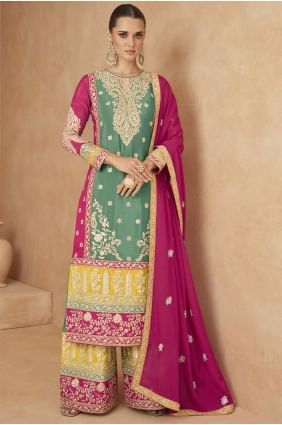 Sea green Embroidered Chiffon plazo Suit PZ4064