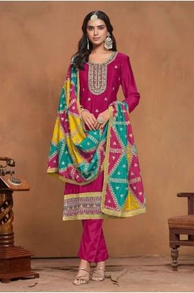 Deep pink Straight Suit with Embroidered Chiffon SK154666