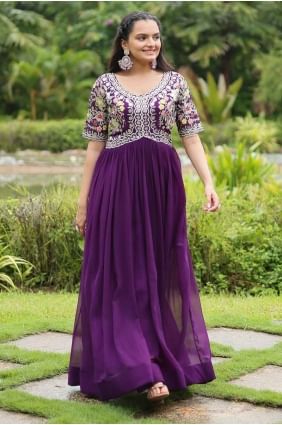 Bemberg Gown Dress in Plum  with Embroidered GW01000
