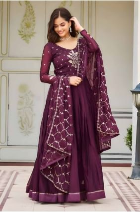 Embroidered Gown Dress in Wine Georgette GW1005