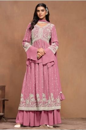 Straight Pant Suit in Pink Faux georgette with Embroidered SK154675