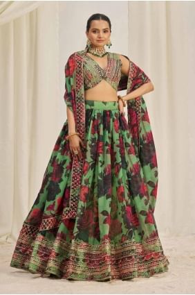 Organza Printed Parrot green Lehenga Choli with Dupatta LC8107