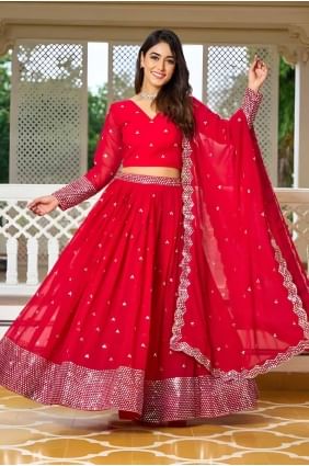 Faux georgette Lehenga Choli in Rani  with Thread LC8121