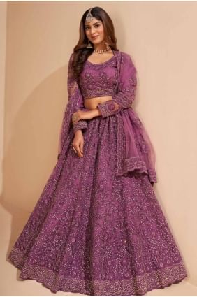Net Lehenga Choli with Thread in Wine  LC8131