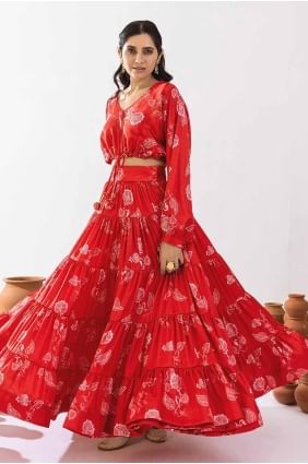 Chiffon Lehenga Choli with Printed in Sample red  LC8133