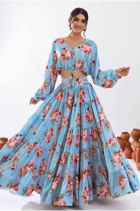 Turquoise blue Printed Chiffon Lehenga Choli LC8134