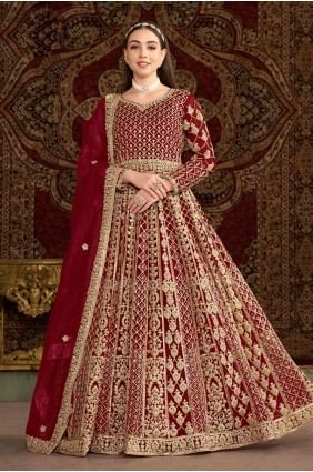 Embroidered Gown Dress in Maroon Net GW1058