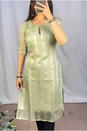 Lace Organza Kurti in Greenish yellow  KTI2625
