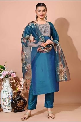 Silk Embroidered Blue Kurti with Dupatta KTI2618