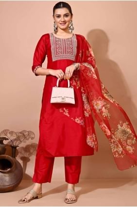 Red Embroidered Kurti in Silk KTI2613