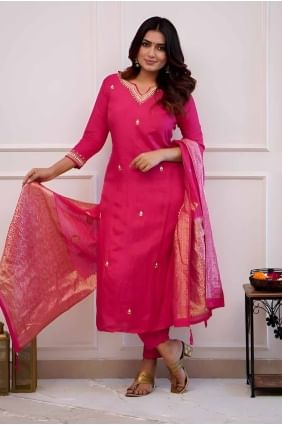 Embroidered Chanderi Pink Straight Pant Suit with Dupatta SK155048