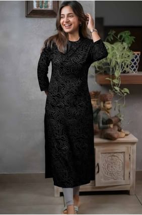 Rayon Kurti in Black with Printed KTI2632