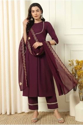 Lace Straight Pant Suit in Wine  Crepe SK155052