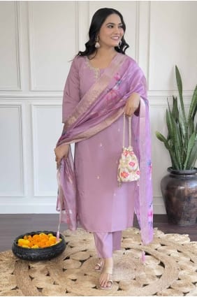 Embroidered Viscose Straight Pant Suit in Off pink with Dupatta SK155055