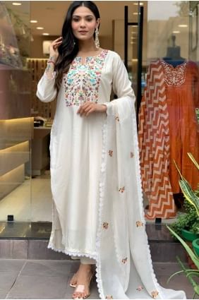 Viscose Straight Pant Suit in Off white  with Embroidered SK155059