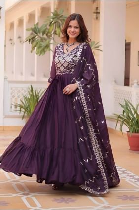 Embroidered Georgette Gown Dress in Wine  GW1069