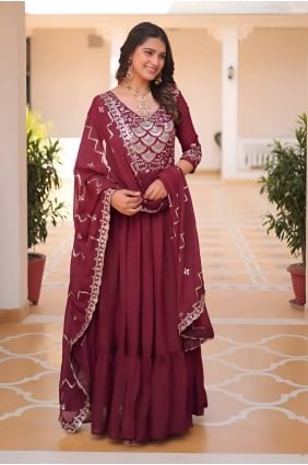 Georgette Embroidered Maroon Gown Dress with Dupatta GW1070