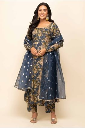Cotton Straight Pant Suit in Navy blue  with Lace SK155061