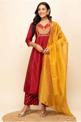 Red Lace Straight Pant Suit in Cotton SK155062