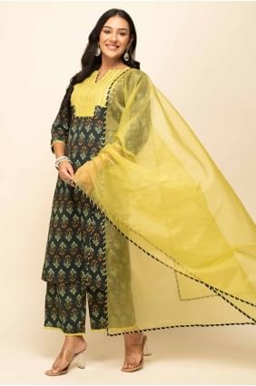 Green Lace Straight Pant Suit in Cotton SK155065