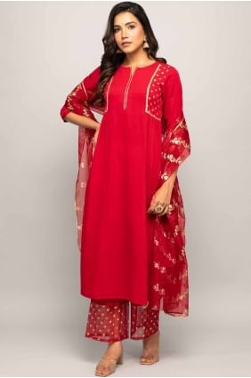 Lace Crepe Straight Pant Suit in Red SK155067
