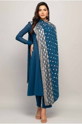 Crepe Straight Pant Suit in Teal blue  with Lace SK155068