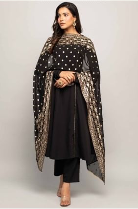 Straight Pant Suit in Black Crepe with Lace SK155069