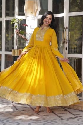 Yellow Gown Dress in Embroidered Faux georgette GW1072