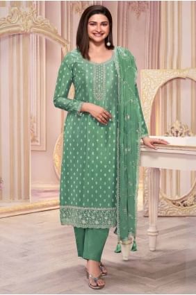 Green Embroidered Georgette Straight Pant Suit SK155083