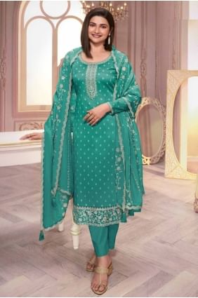 Georgette Straight Pant Suit in Teal green  with Embroidered SK155085