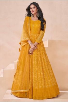 Georgette Yellow Gown Dress in Embroidered GW1075