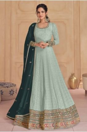 Embroidered Georgette Eid Anarkali Suit in Green with Dupatta AS4034
