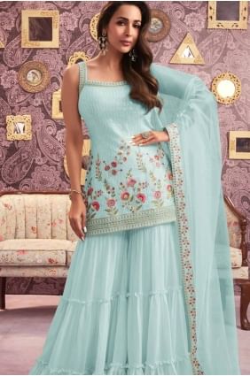 Sky blue  Sharara Suit in Georgette with Embroidered SS1221