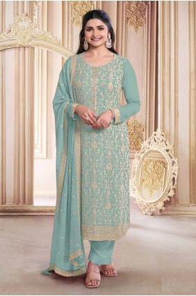 Georgette Straight Pant Suit in Green with Embroidered SK155103