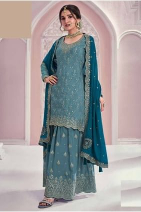 Sky blue  Sharara Suit in Embroidered Chiffon SS1228