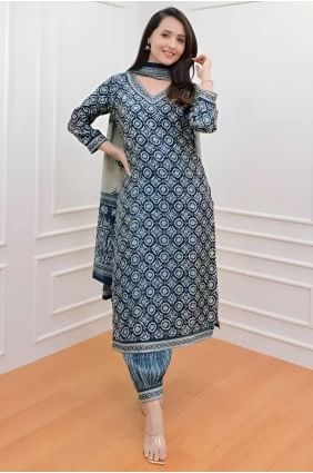 Blue Cotton Digital print Straight Pant Suit with Dupatta SK155154