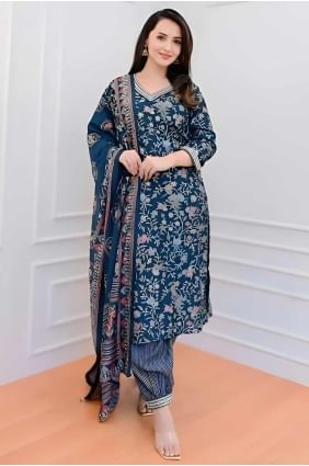 Digital print Cotton Straight Pant Suit in Blue with Dupatta SK155155
