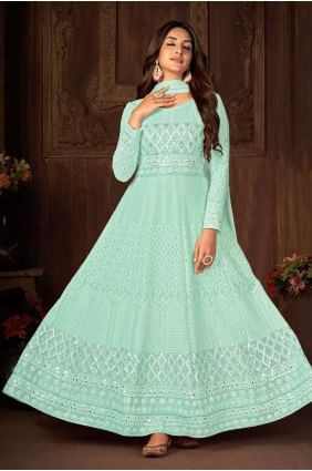 Embroidered Faux georgette Turquoise  Anarkali Suit with Dupatta AS3401
