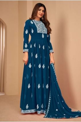 Embroidered Faux georgette Anarkali Suit in Rama AS3404