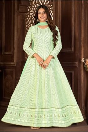 Anarkali Suit with Faux georgette Embroidered in Green AS3406