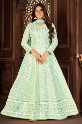 Embroidered Faux georgette Anarkali Suit in Turquoise  with Dupatta AS3408