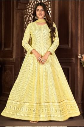 Faux georgette Anarkali Suit with Embroidered in Yellow AS3409