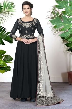 Embroidered Faux georgette Anarkali Suit in Black AS3410