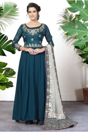 Embroidered Anarkali Suit in Rama  Faux georgette AS3413