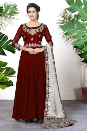 Faux georgette Anarkali Suit with Embroidered in Red AS3414